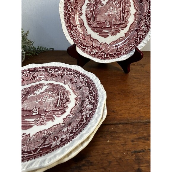 Set Of 3 Mason's Vista Red Pink Ironstone 7.5” Salad Bread Plates England READ - Picture 3 of 10